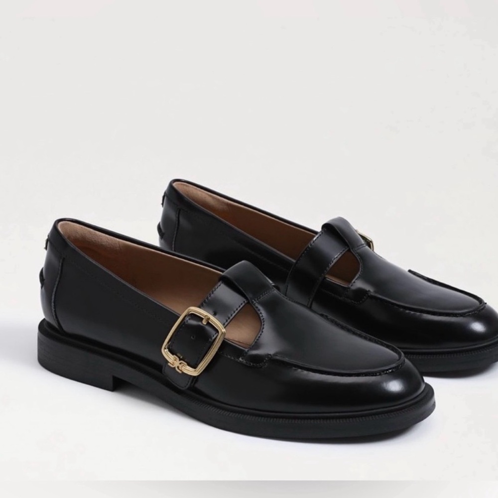 Sam Edelman Black Leather Loafers with Gold Buckle